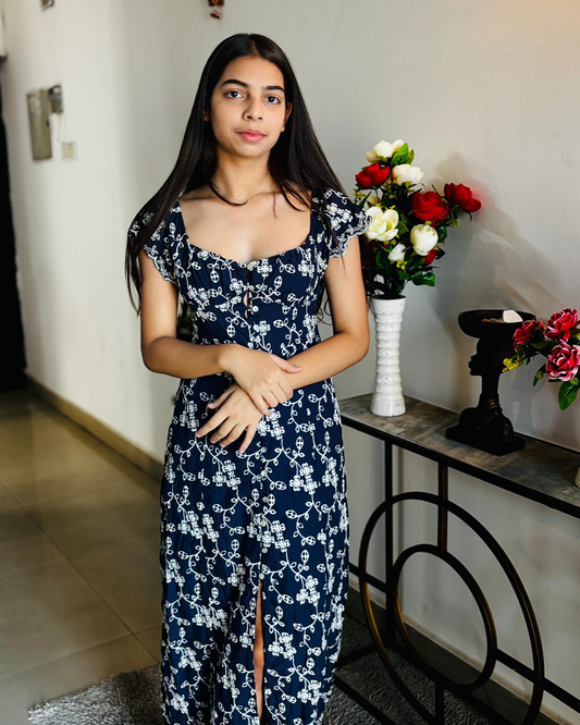 Midnight Blossom Front-Slit Dress