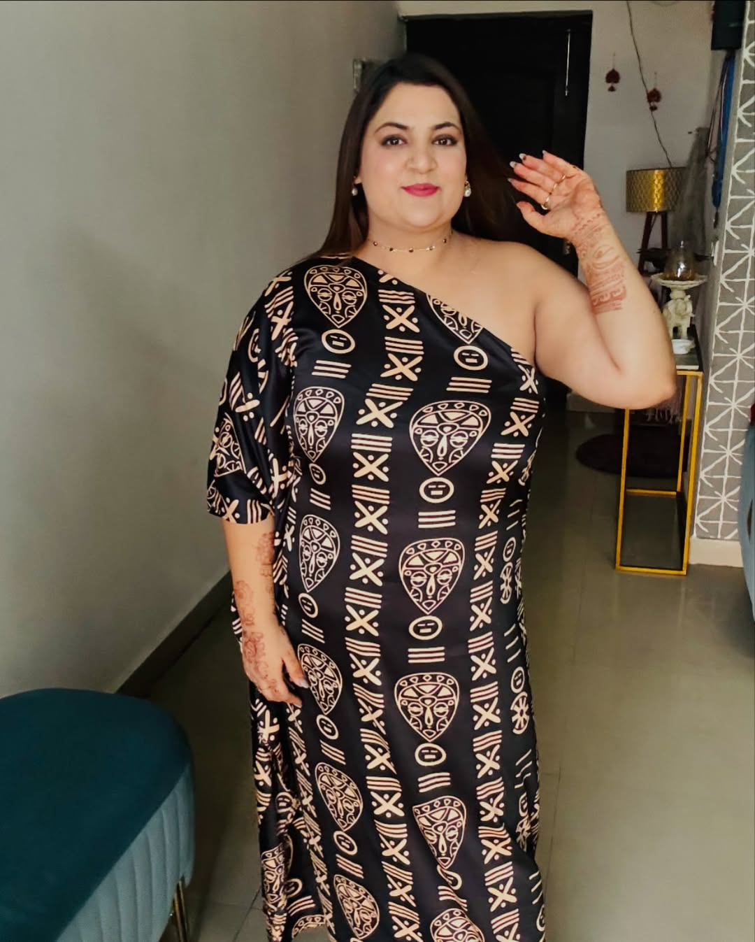 Golden Tribal One-Shoulder Dress
