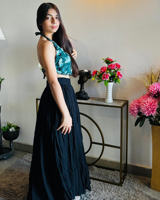 Net handwork top with rhinestone lace backless top and skirt