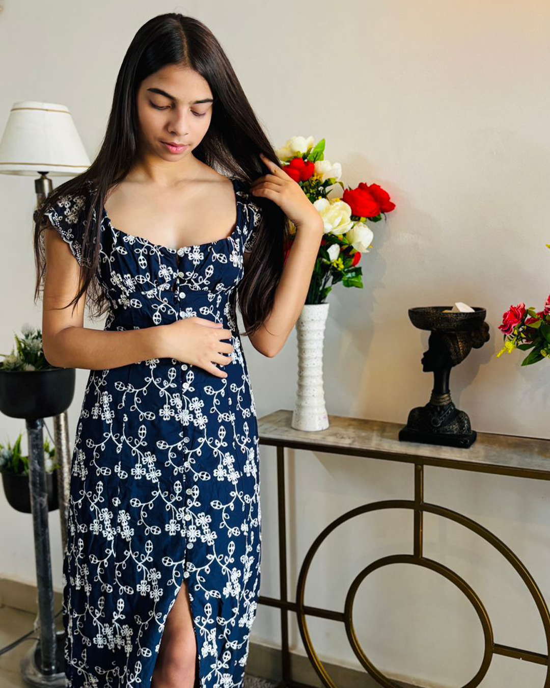 Midnight Blossom Front-Slit Dress