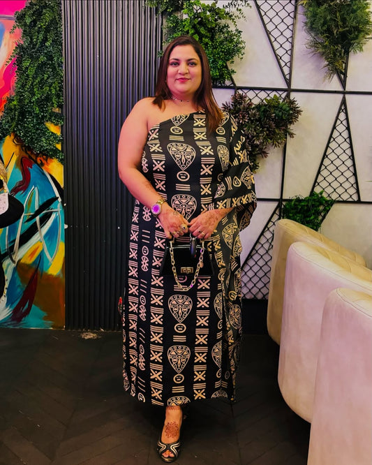 Golden Tribal One-Shoulder Dress